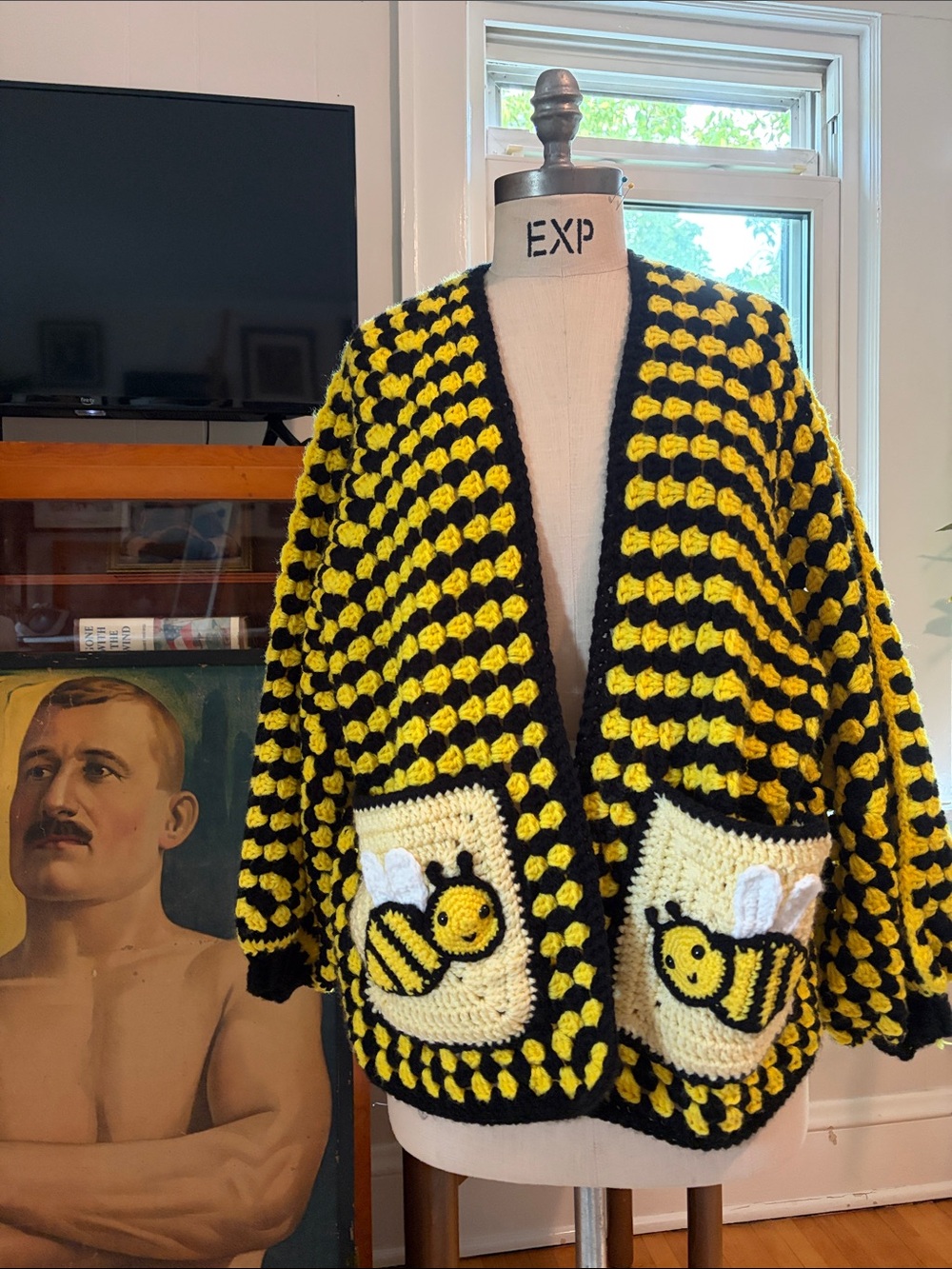 Vintage Women's Yellow & Black Bee Crochet Cardigan Sweater